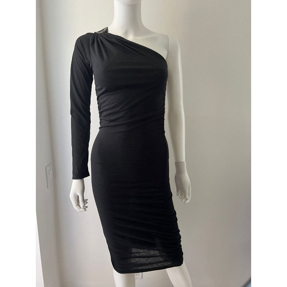 AM PM By Spiral Dress One Shoulder Sleeves Mini Pencil Cocktail Black Size S